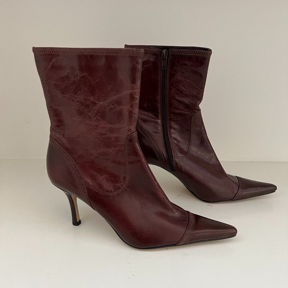 nine west - heeled mid calf leather boots - wine burgundy - size 7.5